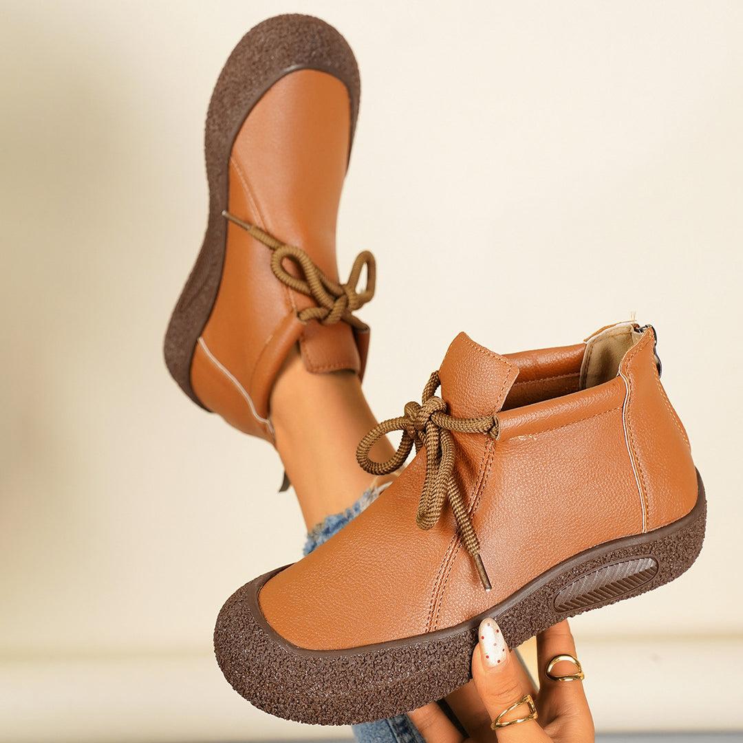 Women's Vintage Round-Toe Ankle Boots – Flat Non-Slip Boots with Beaded Detail & Back Zipper