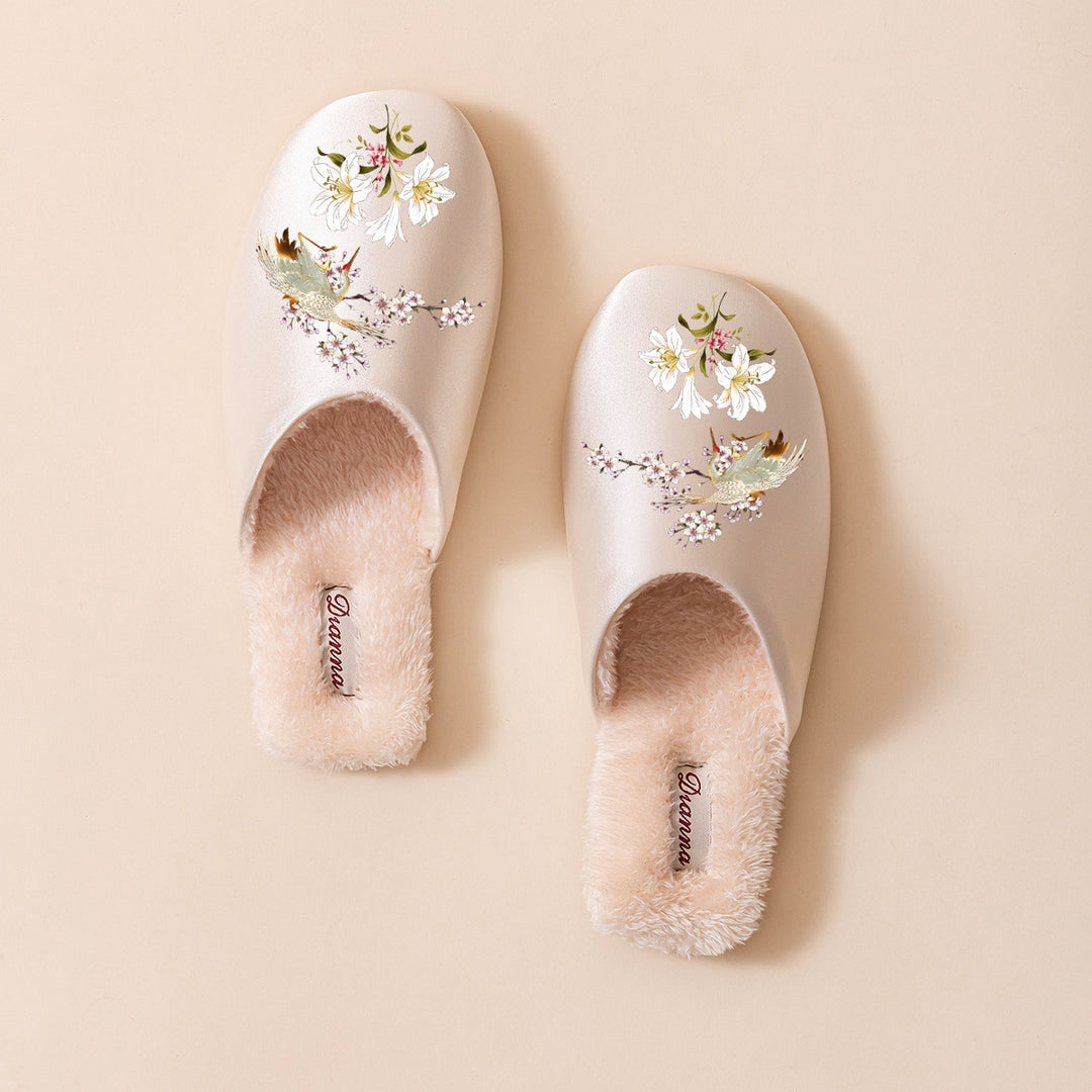 Women's Warm Floral Slippers – Plush-Lined Non-Slip House Shoes with Bird & Floral