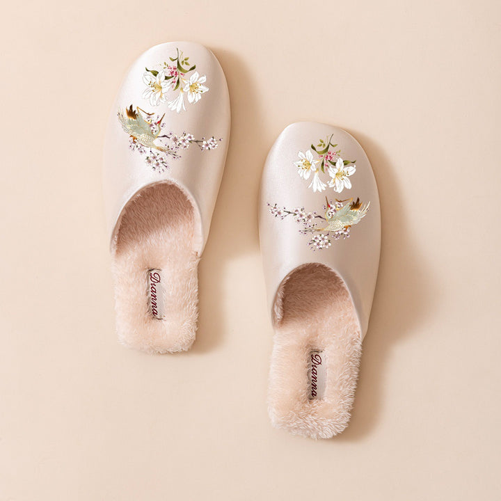 Women's Warm Floral Slippers – Plush-Lined Non-Slip House Shoes with Bird & Floral