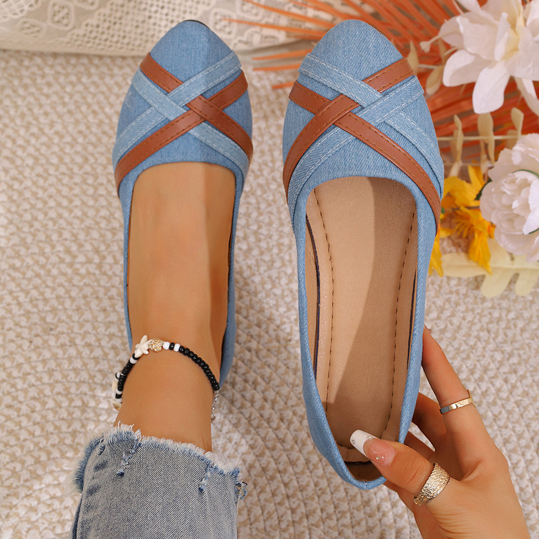 Women's Denim Cross Strap Flats – Comfortable Casual Slip-On Shoes