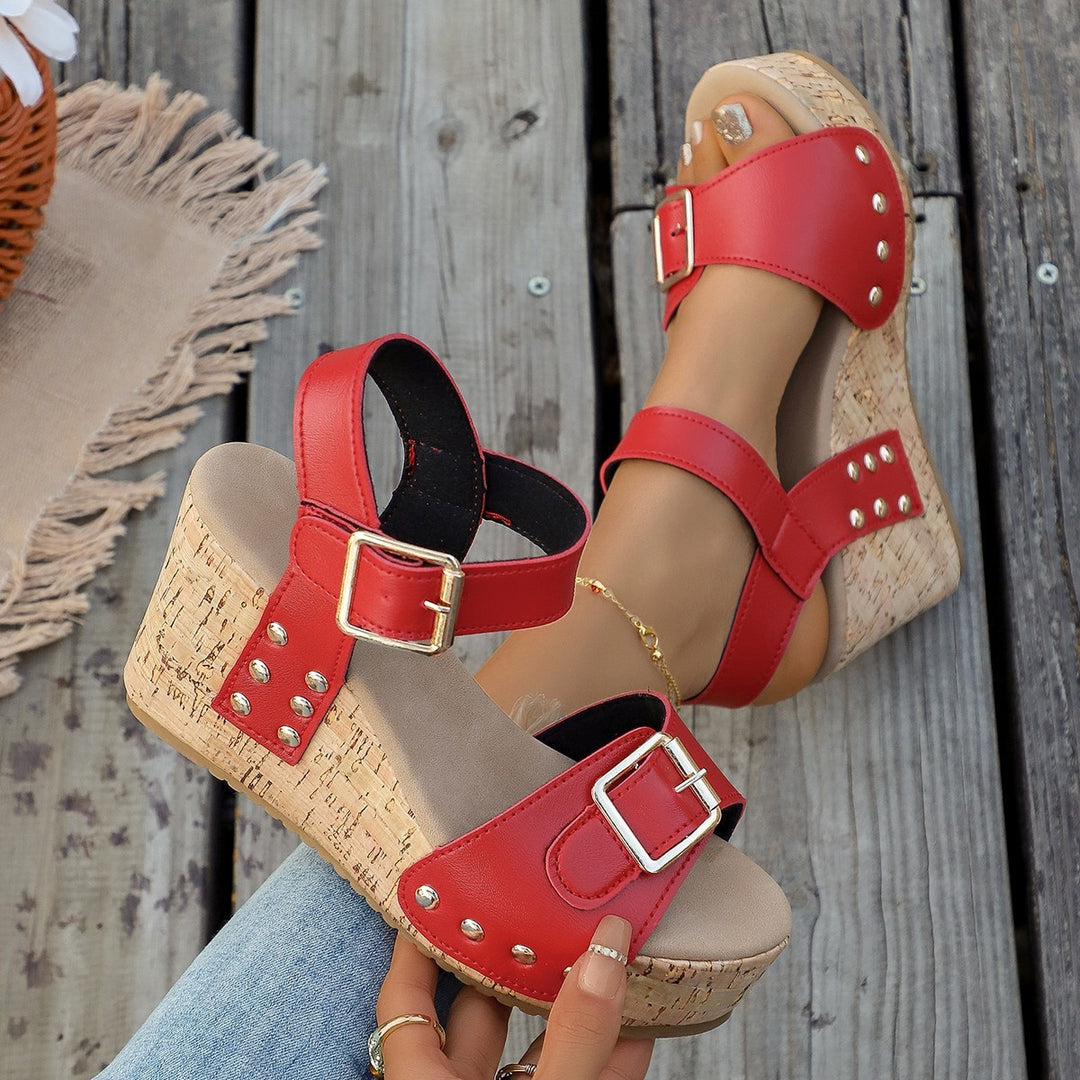 Women's Studded Peep-Toe Wedge Sandals – Elegant Comfort with Adjustable Buckle Strap