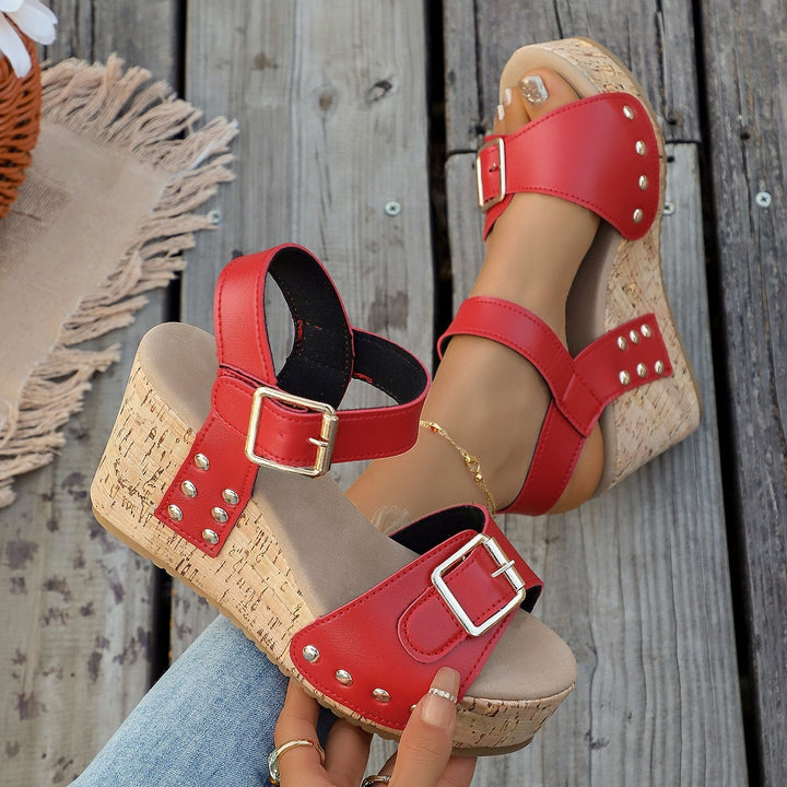 Women's Studded Peep-Toe Wedge Sandals – Elegant Comfort with Adjustable Buckle Strap