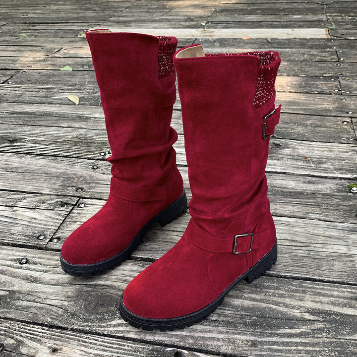 Women's Vintage Western Cowboy Boots – Suede Round-Toe Tall Boots with Block Heel & Buckle Detail