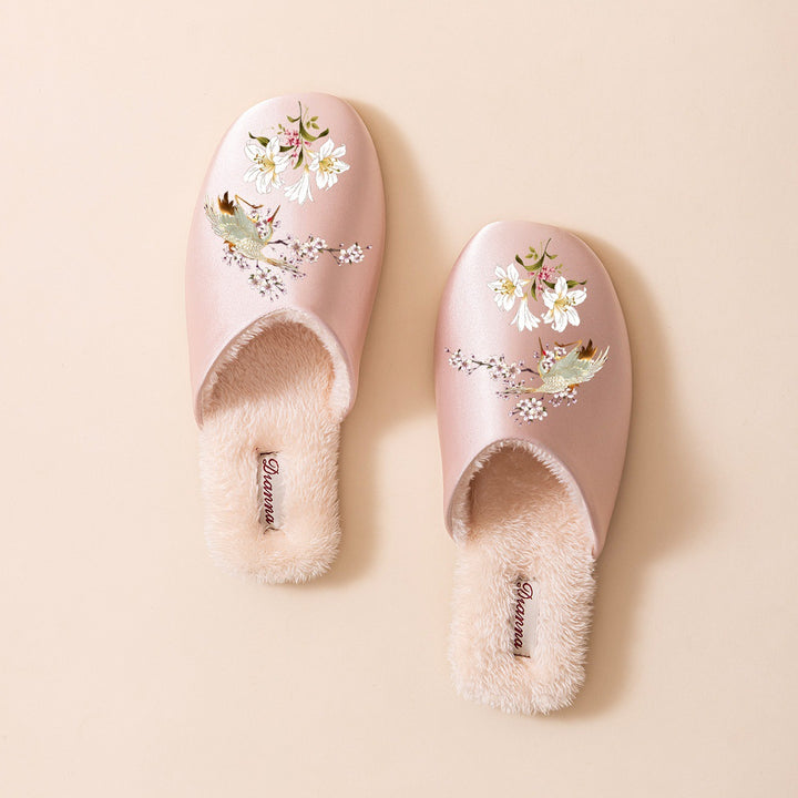 Women's Warm Floral Slippers – Plush-Lined Non-Slip House Shoes with Bird & Floral