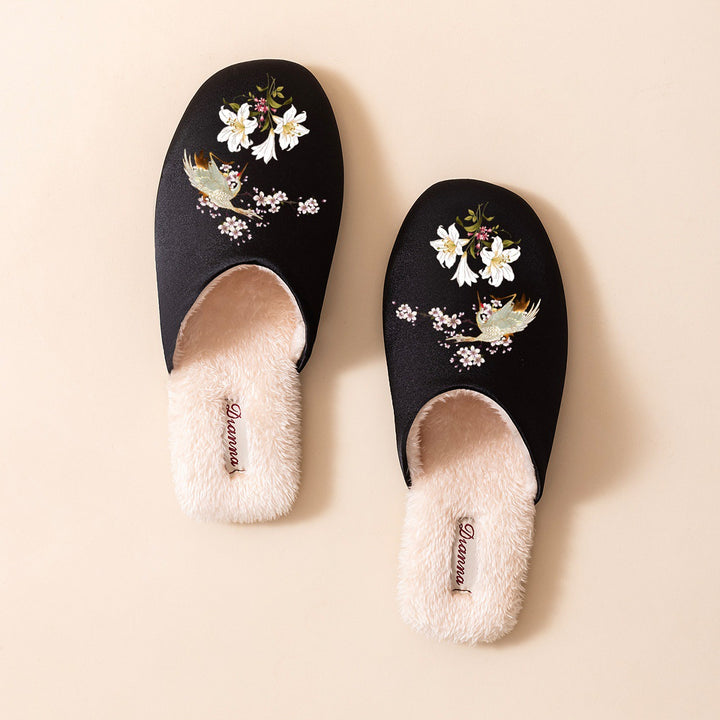 Women's Warm Floral Slippers – Plush-Lined Non-Slip House Shoes with Bird & Floral