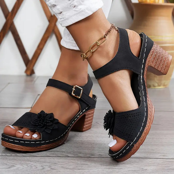 Women's Comfortable Wedge Sandals – Floral Cutout, Peep Toe, Secure Ankle Strap