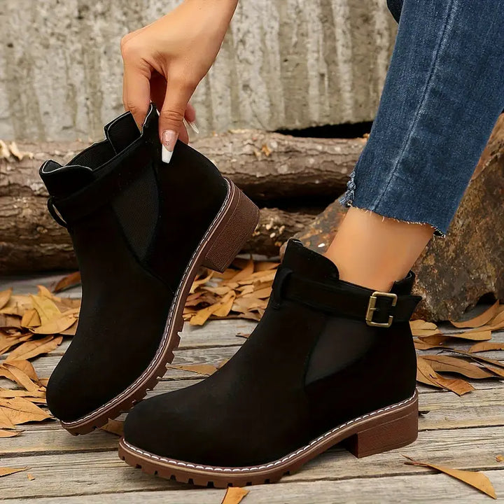 Women's Low Heel Ankle Boots – Slip-On Comfort with Buckle Strap & Durable Sole