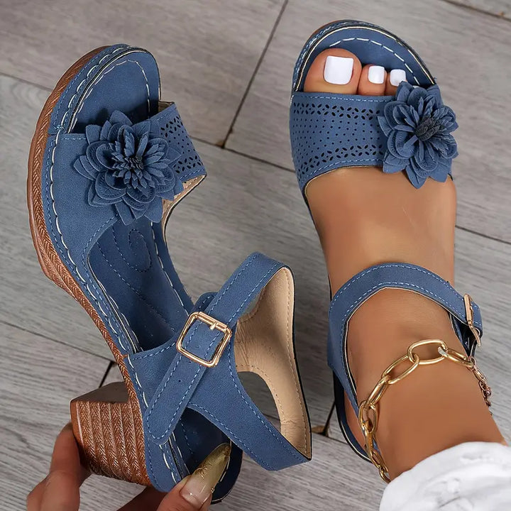 Women's Comfortable Wedge Sandals – Floral Cutout, Peep Toe, Secure Ankle Strap