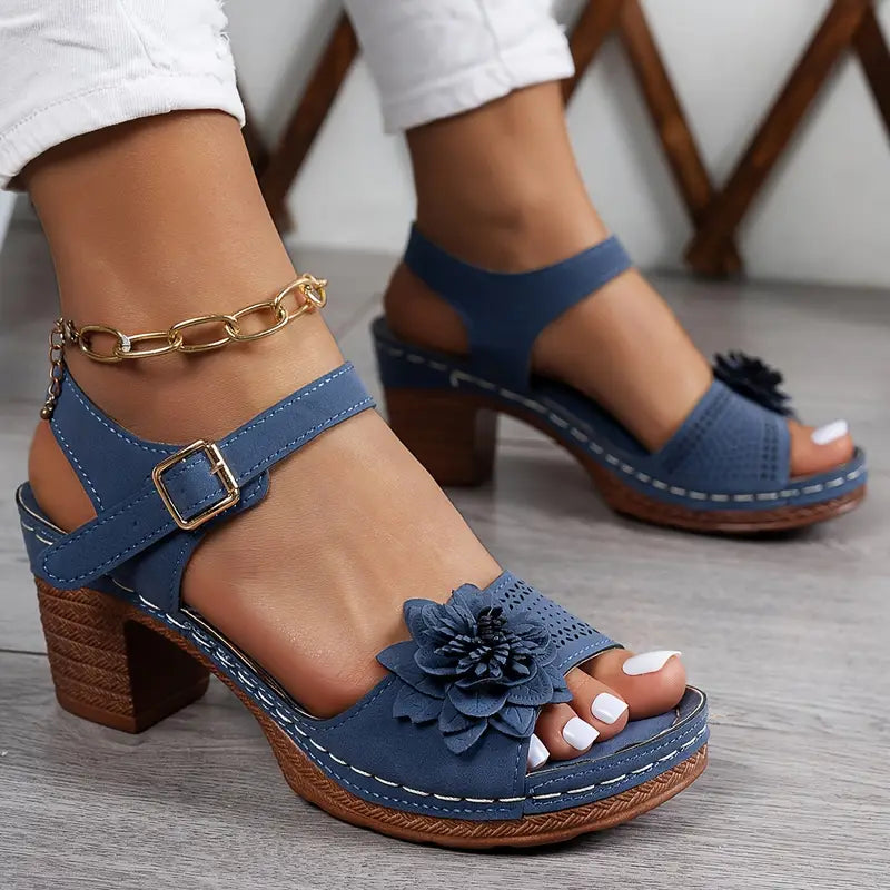 Women's Comfortable Wedge Sandals – Floral Cutout, Peep Toe, Secure Ankle Strap