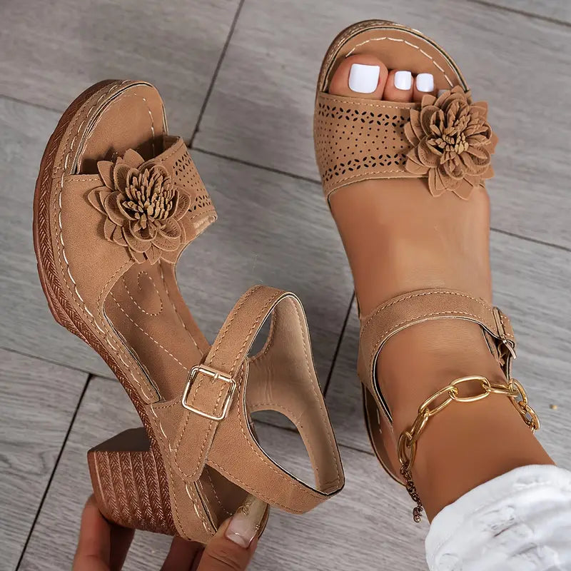 Women's Comfortable Wedge Sandals – Floral Cutout, Peep Toe, Secure Ankle Strap