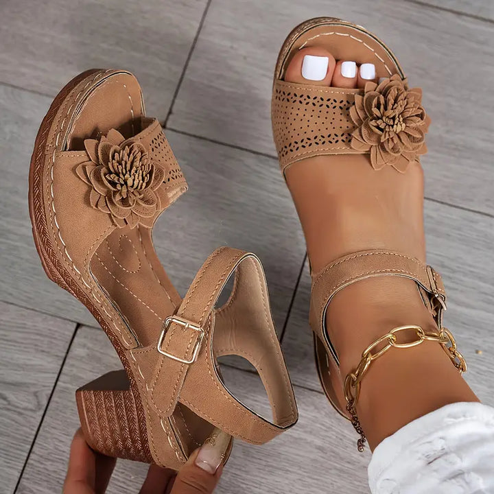 Women's Comfortable Wedge Sandals – Floral Cutout, Peep Toe, Secure Ankle Strap