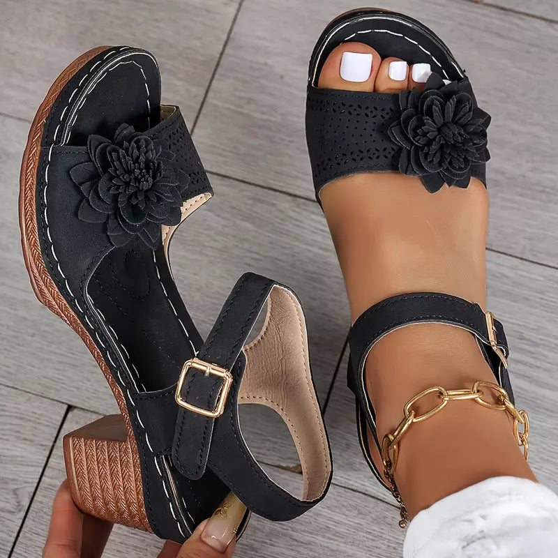 Women's Comfortable Wedge Sandals – Floral Cutout, Peep Toe, Secure Ankle Strap