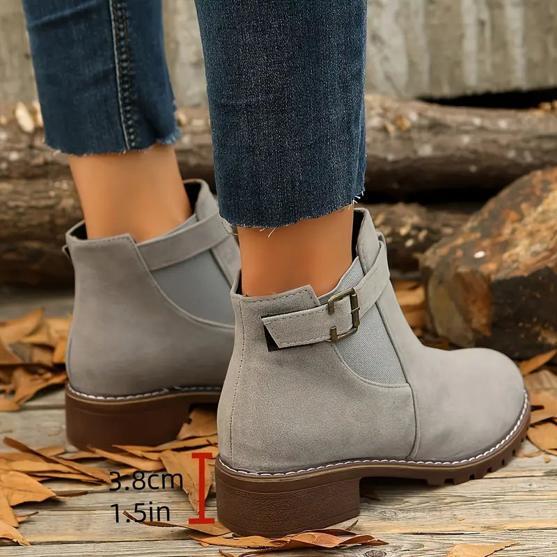 Women's Low Heel Ankle Boots – Slip-On Comfort with Buckle Strap & Durable Sole