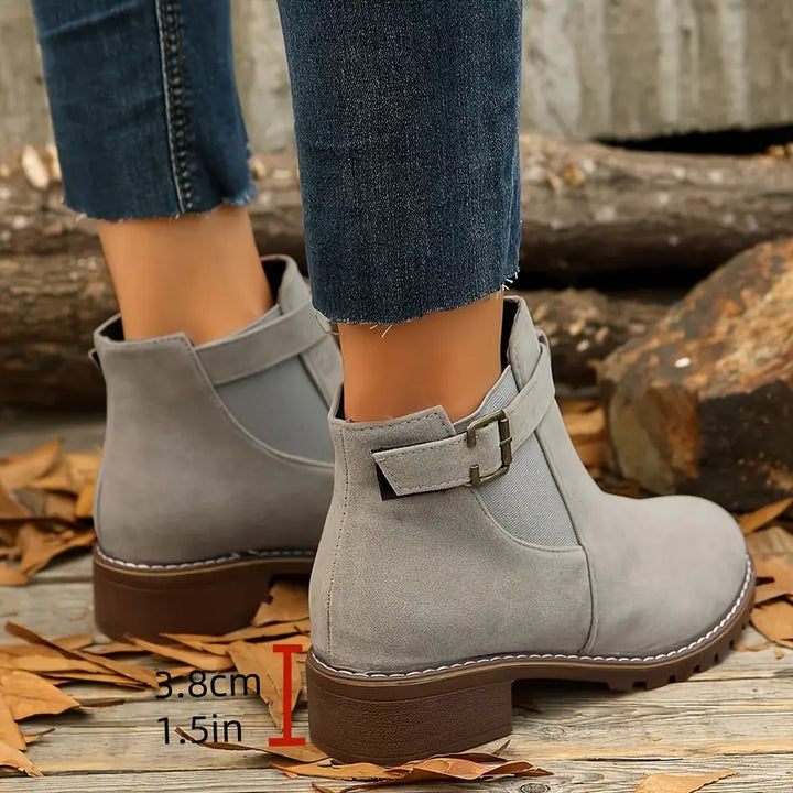 Women's Low Heel Ankle Boots – Slip-On Comfort with Buckle Strap & Durable Sole