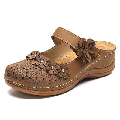 Women's Leather Retro Flower Sandals
