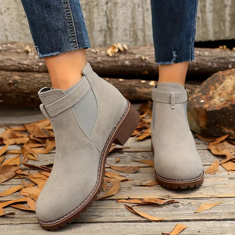 Women's Low Heel Ankle Boots – Slip-On Comfort with Buckle Strap & Durable Sole