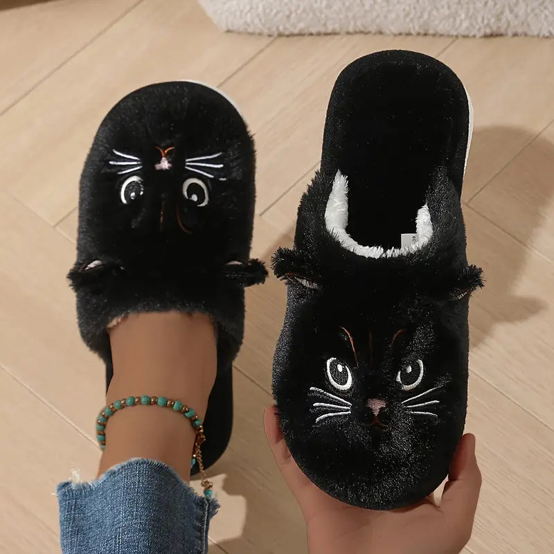 Women's Warm Cat Slippers – Plush Indoor House Shoes with Non-Slip Sole & Cozy Lining