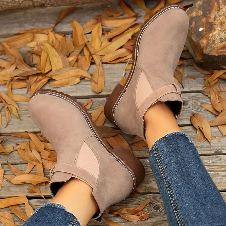Women's Low Heel Ankle Boots – Slip-On Comfort with Buckle Strap & Durable Sole