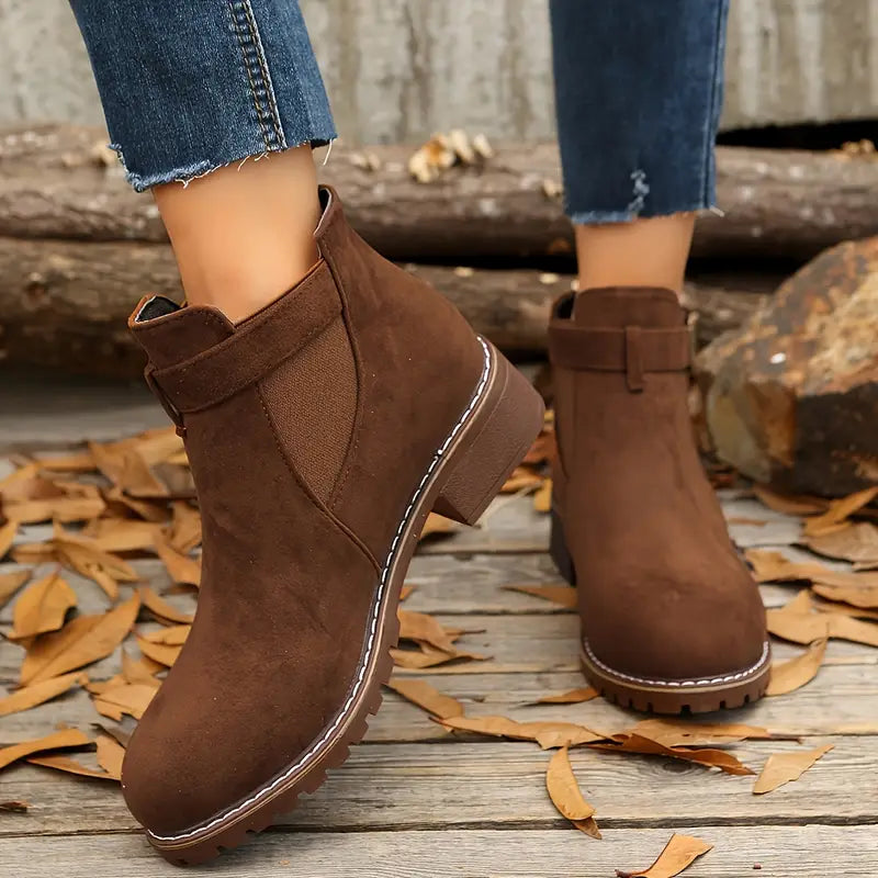 Women's Low Heel Ankle Boots – Slip-On Comfort with Buckle Strap & Durable Sole