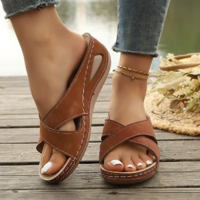 Women's Comfort Wedge Sandals – Cushioned Platform Support & Cross-Strap Design